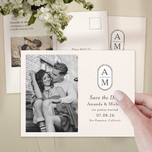 Simple beige modern initials, photos save the date announcement postcard