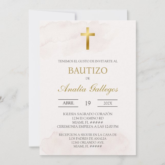 Simple beige Spanish baptism Invitation (Front)