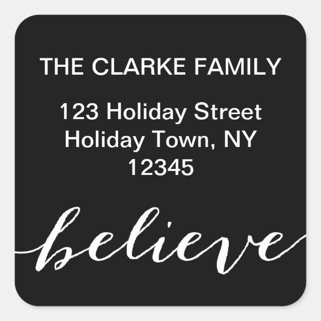Simple Believe Holiday Address Label | Black White (Front)