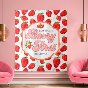 Simple Berry First Strawberry Birthday Backdrop Tapestry