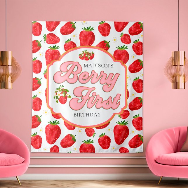 Simple Berry First Strawberry Birthday Backdrop Tapestry (Creator Uploaded)