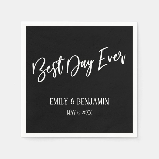 Simple Best Day Ever Wedding Typography Black Napkin (Front)
