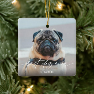 Simple Best Dog Ever 2 Photo Modern Script Ceramic Ornament