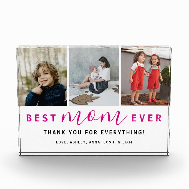 Simple Best Mum Ever Script Hot Pink 3 Photo Block (Front)