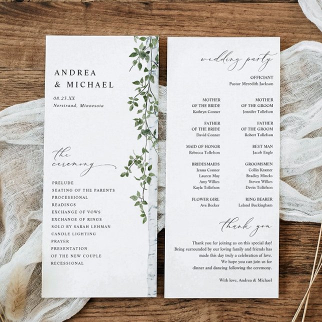 Simple Birch Tree Greenery Foliage Wedding Program (Birch or aspen tree wedding programs - outdoor greenery wedding.)