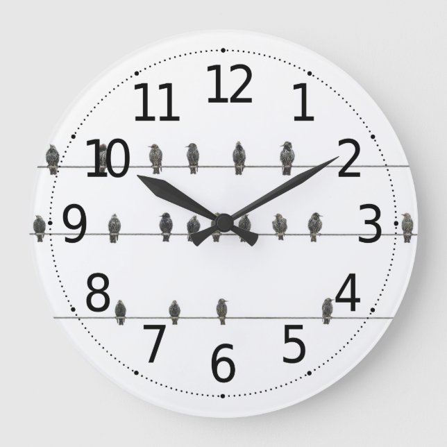 Simple Birds on the Wires Hand-Drawn Illustration Large Clock (Front)