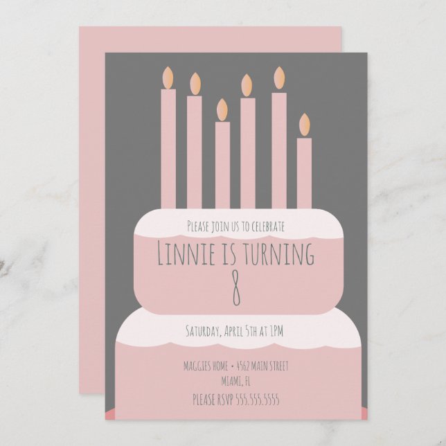 Simple Birthday Cake with Party Candles Pink Invitation (Front/Back)