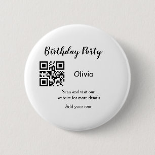 Simple birthday party website barcode QR add name  6 Cm Round Badge