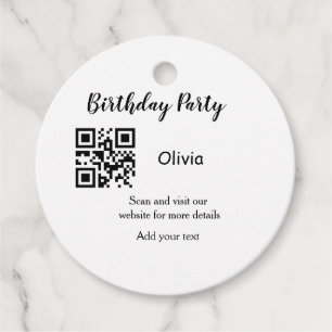 Simple birthday party website barcode QR add name  Favour Tags