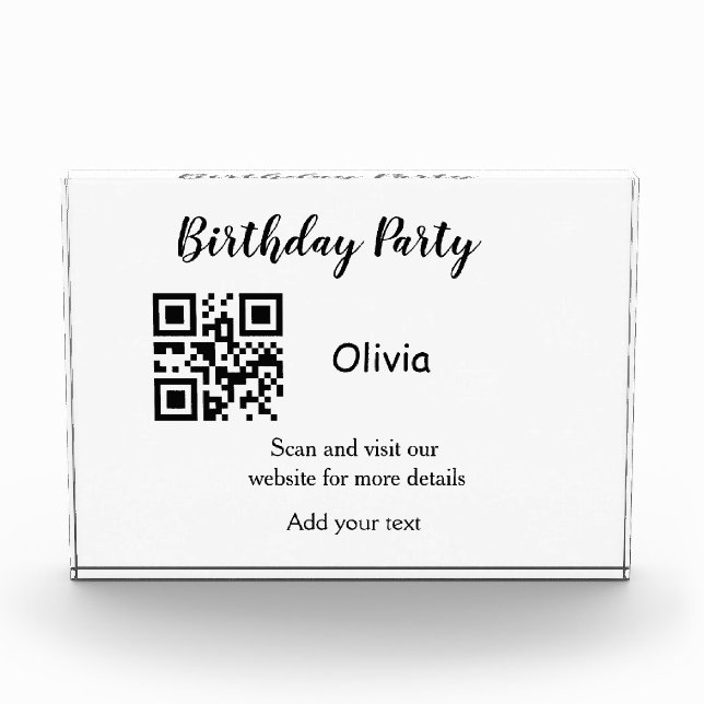 Simple birthday party website barcode QR add name  Photo Block (Front)