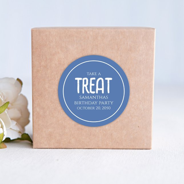 Simple Birthday Treat Favour Whimsical Script Blue Classic Round Sticker (Creator Uploaded)