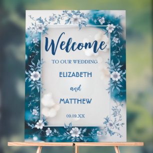 Simple Biue & White Overlay Flowers wedding Acrylic Sign