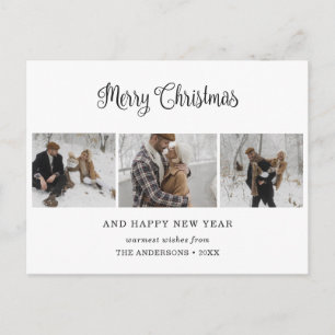 Simple Black 3 Photo Merry Christmas Postcards