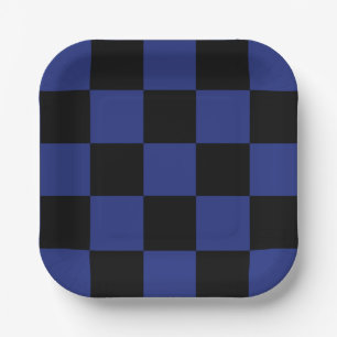 Simple Black and Blue Check Pattern Paper Plate