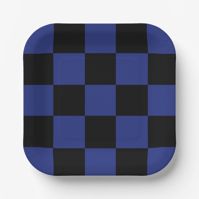 Simple Black and Blue Check Pattern Paper Plate (Front)