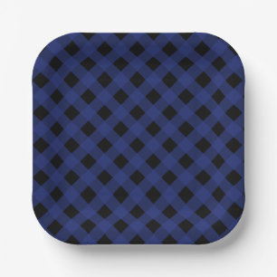 Simple Black and Blue Plaid Pattern Paper Plate