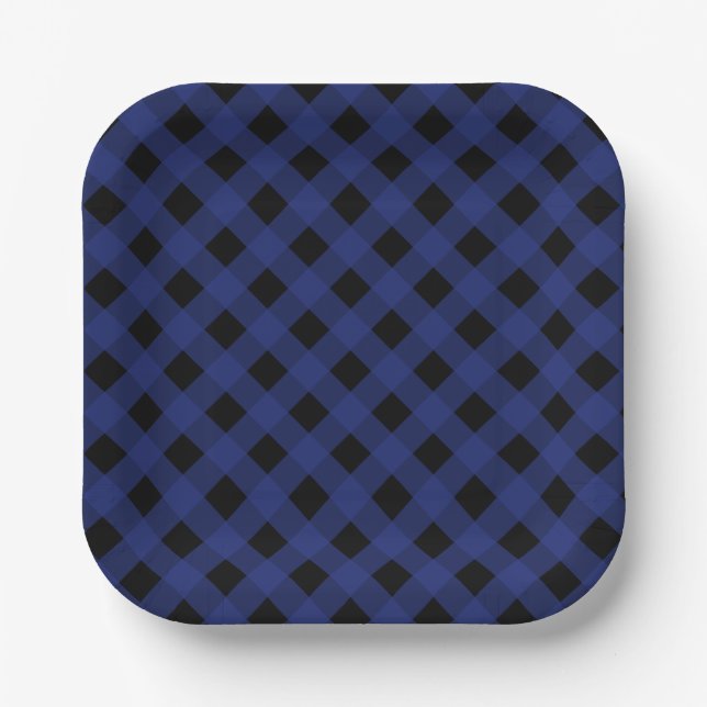 Simple Black and Blue Plaid Pattern Paper Plate (Front)