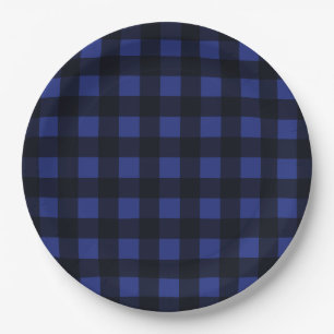 Simple Black and Blue Plaid Pattern Paper Plate