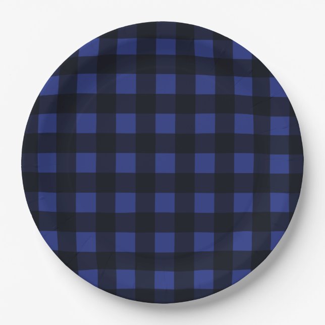 Simple Black and Blue Plaid Pattern Paper Plate (Front)