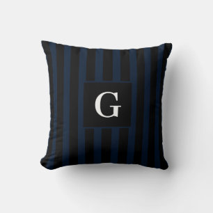 Simple black and Dark Blue Stripes Single Initial Cushion