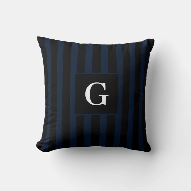 Simple black and Dark Blue Stripes Single Initial Cushion (Front)