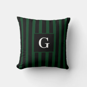 Simple black and Dark Green Stripes Single Initial Cushion