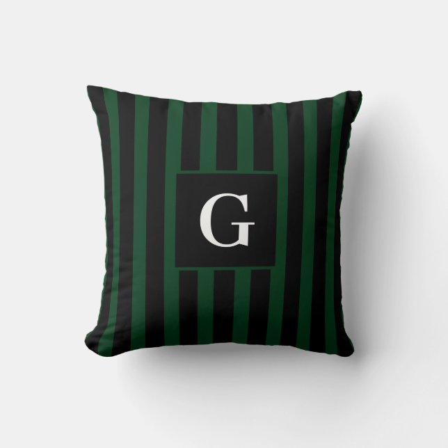 Simple black and Dark Green Stripes Single Initial Cushion (Front)