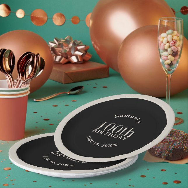 Simple Black and Ecru Beige 100th Birthday Favour Paper Plate (Multi)