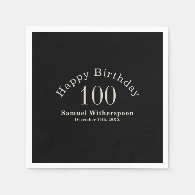 Simple Black and Ecru Beige 100th Birthday Napkin (Front)