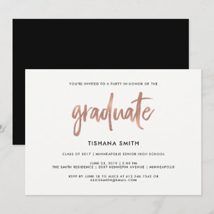 Simple Black and Faux Rose Gold Graduation Party Invitation