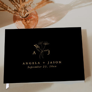 Simple Black and Gold Botanical Monogram Wedding Guest Book