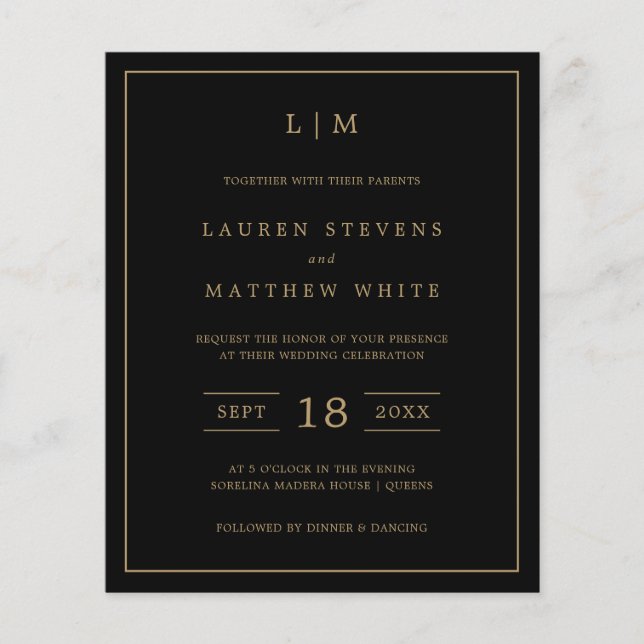 Simple Black and Gold Budget Wedding Invite (Front)