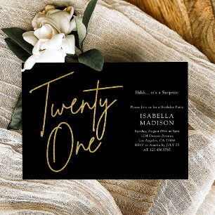 Simple Black and Gold Glitter 21st Birthday Invitation