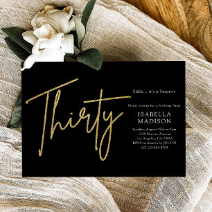 Simple Black and Gold Glitter 30th Birthday Invitation