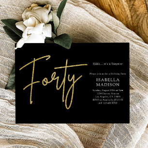Simple Black and Gold Glitter 40th Birthday Invitation