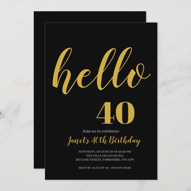 Simple Black and Gold Hello 40th 50th Birthday Invitation (Front/Back)