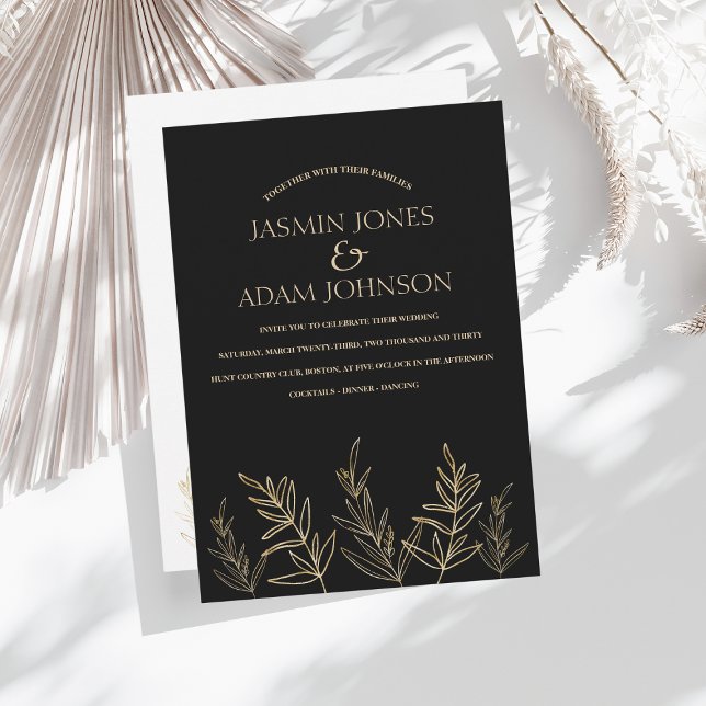 Simple Black and Gold Leaves Wedding Invitation (Creator Uploaded)