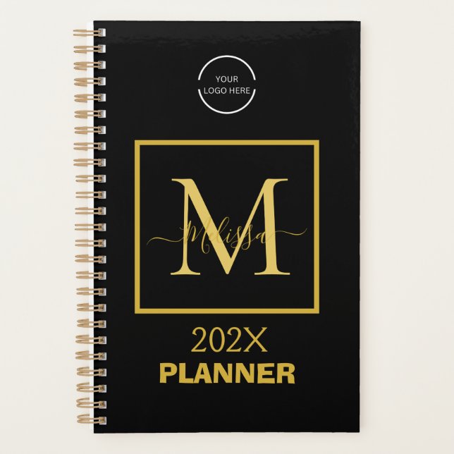 Simple Black and Gold Logo & QR Code Monogram Planner (Front)