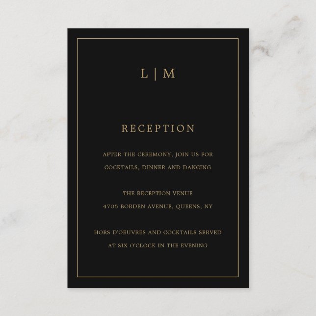 Simple Black and Gold Monogram Elegant Wedding Enclosure Card (Front)
