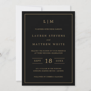 Simple Black and Gold Monogram Elegant Wedding Invitation