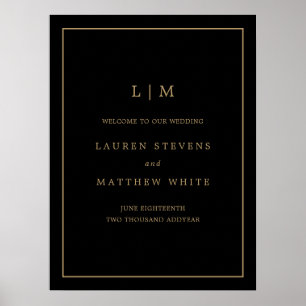 Simple Black and Gold Monogram Elegant Wedding Poster