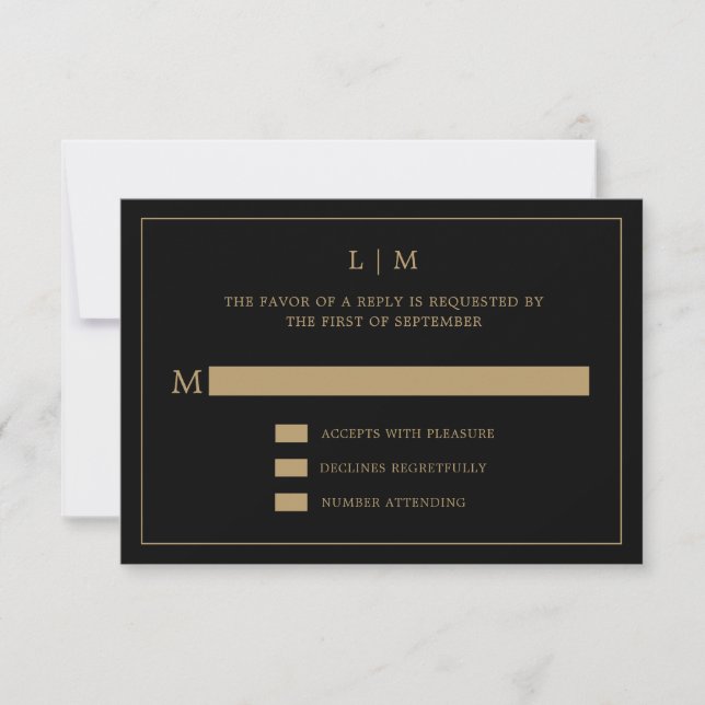 Simple Black and Gold Monogram Elegant Wedding RSVP Card (Front)