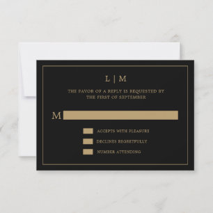 Simple Black and Gold Monogram Elegant Wedding RSVP Card