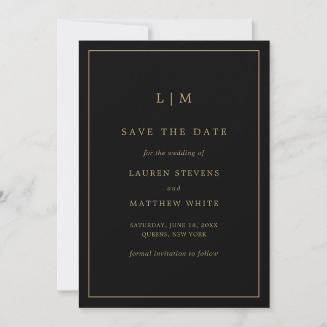 Simple Black and Gold Monogram Elegant Wedding Save The Date (Front)