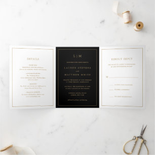 Simple Black and Gold Monogram Elegant Wedding Tri-Fold Invitation