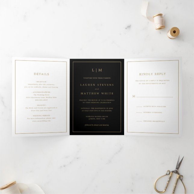 Simple Black and Gold Monogram Elegant Wedding Tri-Fold Invitation (Inside)