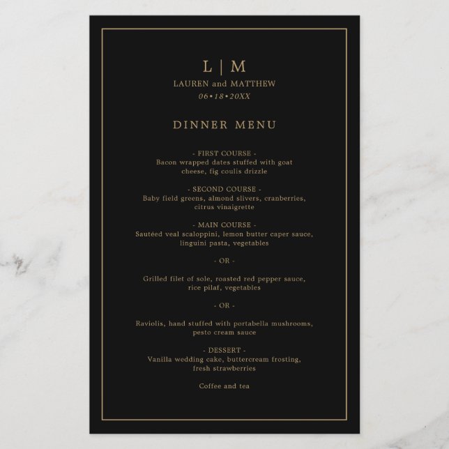 Simple Black and Gold Monogram Wedding Menu (Front)