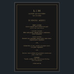 Simple Black and Gold Monogram Wedding Menu<br><div class="desc">Simple wedding menu featuring a modern yet elegant design with your two letter monogram along with your names and date surrounded by a thin border. All text is in faux gold over a black background. The fonts and background colours may be changed to any colours you wish by clicking the...</div>