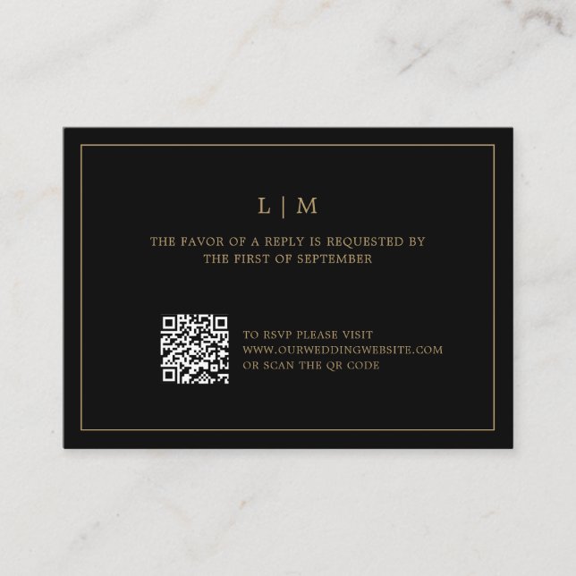 Simple Black and Gold QR Code Elegant Wedding RSVP Card (Front)