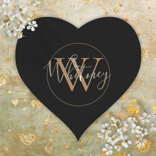 Simple Black and Gold Script Monogram Name Heart Sticker (Simple Black and Gold Script Monogram Name Heart Sticke)
